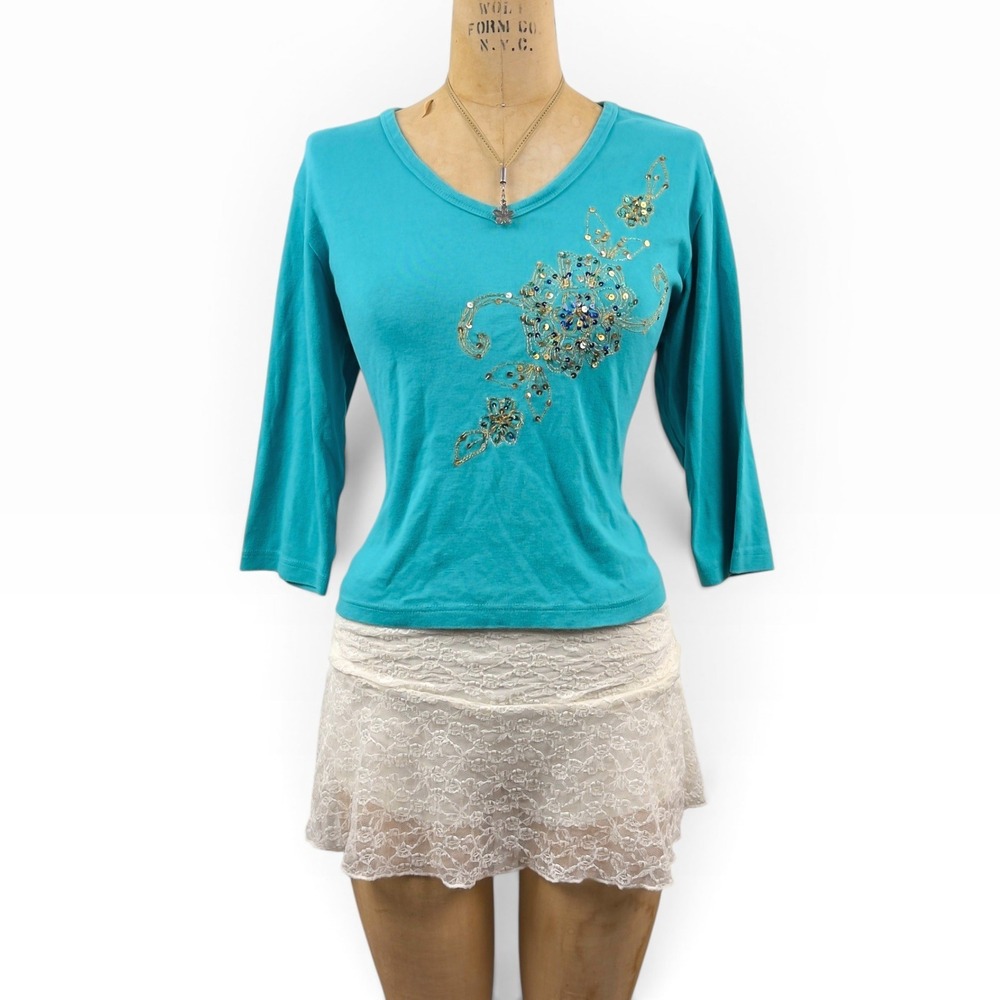 Y2K Turquoise‎ Beaded Floral Top 3/4 Sleeve V Neck Boho Fairy Whimsigoth Size L